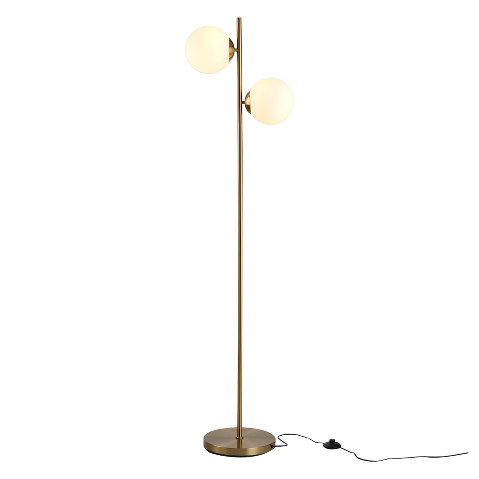 image 1 of HOMCOM 2 Lights Tree Floor Lamp for Living Room with Globe Lampshade, Standing Lamp for Bedroom, Bulb not Included, Gold Tone