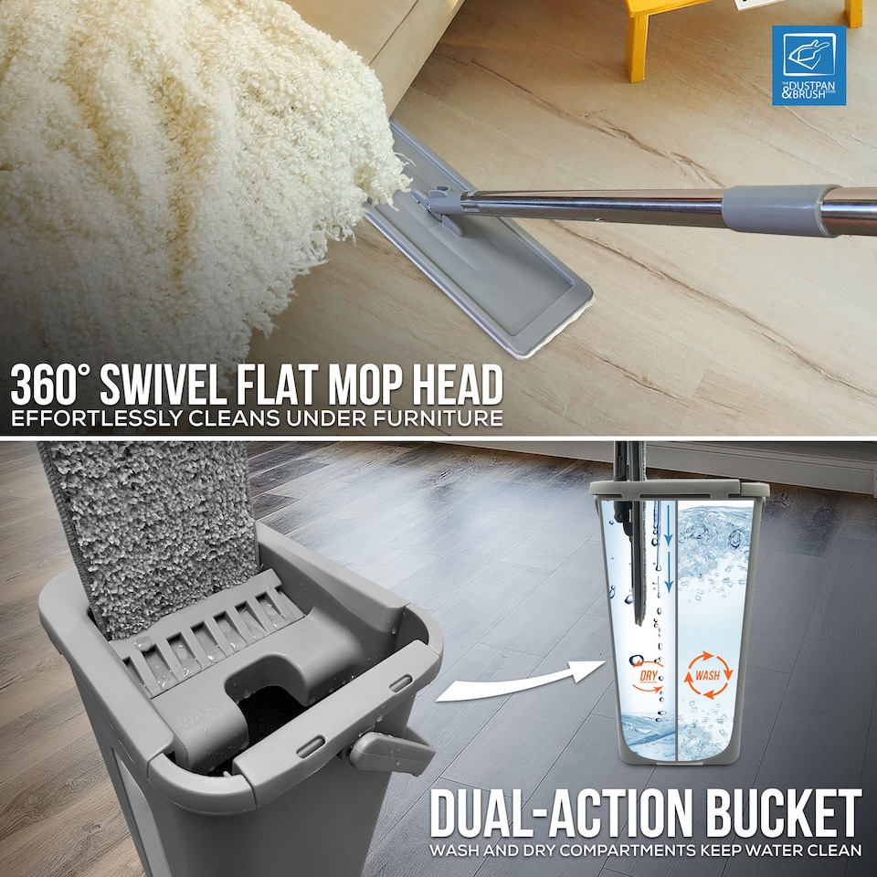 image 1 of Flat Mop and Bucket Set with Swivel Head Built In Wringer and 2 Washable Microfibre Mop Heads