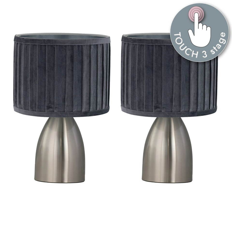 image 1 of First Choice Lighting Set of 2 Valentina Brushed Chrome Touch Lamps with Grey Pleated Velvet Shades Silver | Grey