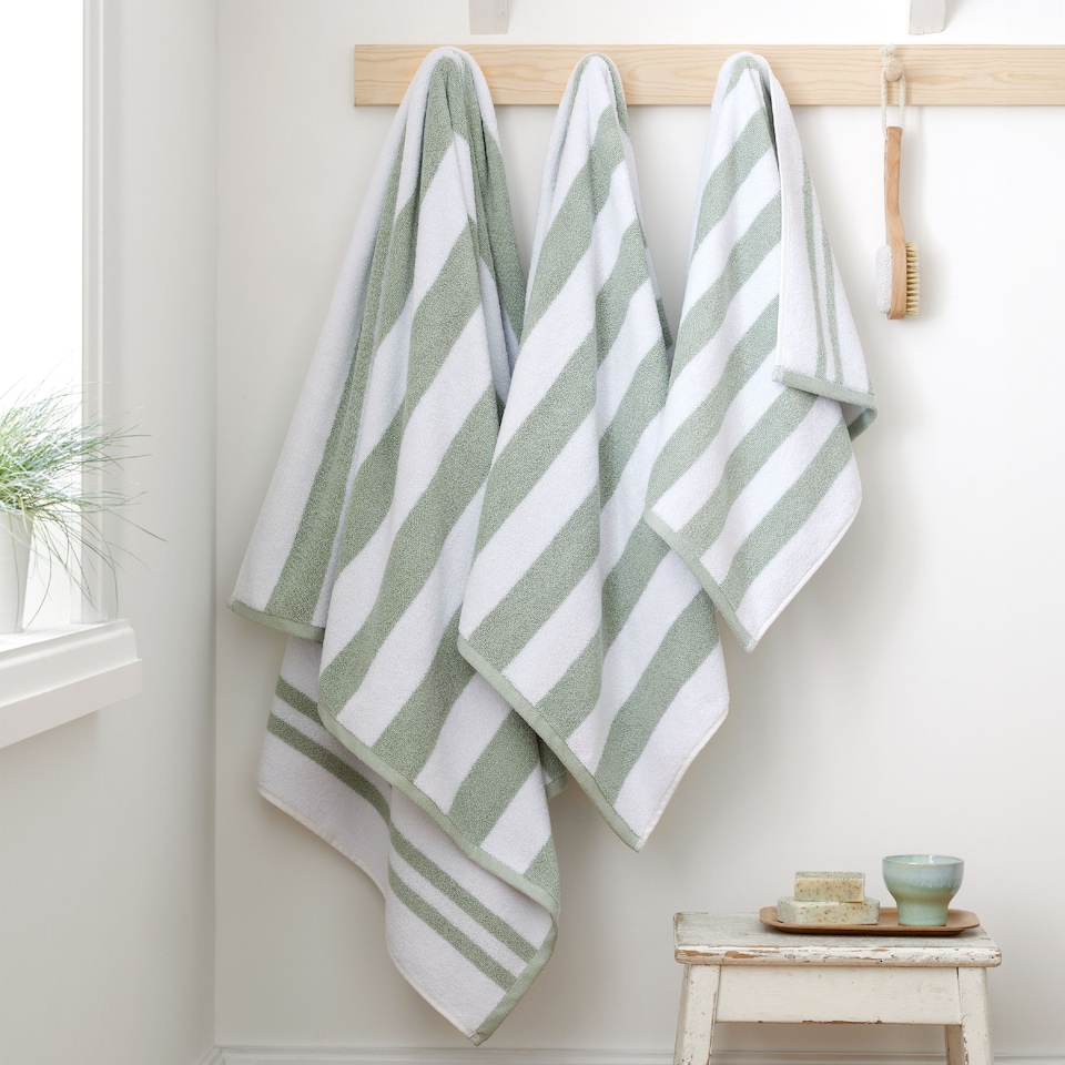 image 1 of Bianca Reversible Stripe Cotton Jacquard Bath Sheet | Green | Sage Green | Bath sheet