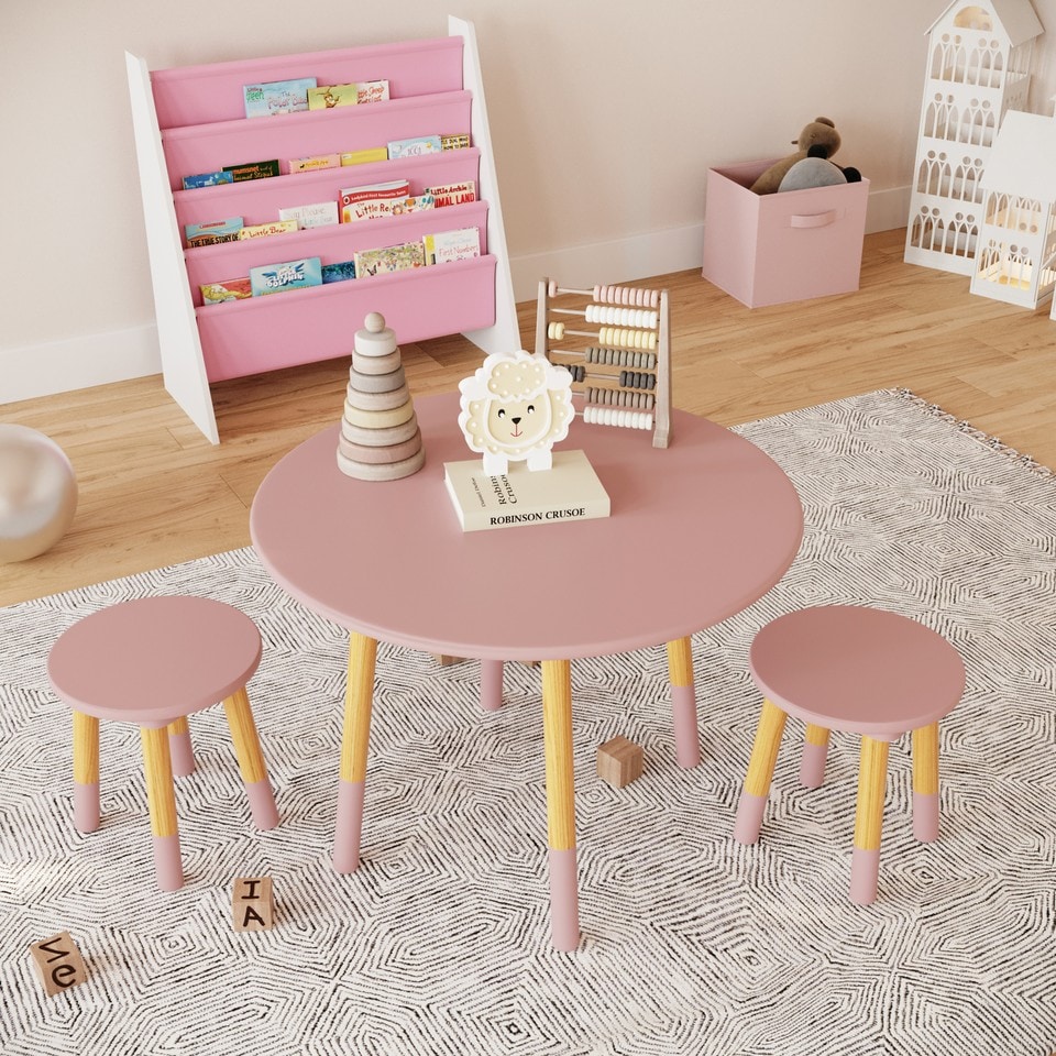 image 1 of Kids Wooden Round Table & Chair Set Toddlers Small Children Home Nursery Play | Multi | pink table with 2 chairs | 3