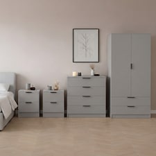 Vida Designs Trega 4 Piece Bedroom Set (2 Drawer Bedside Chest x2, 4 Drawer Chest, 2 Door 2 Drawer Wardrobe) Grey