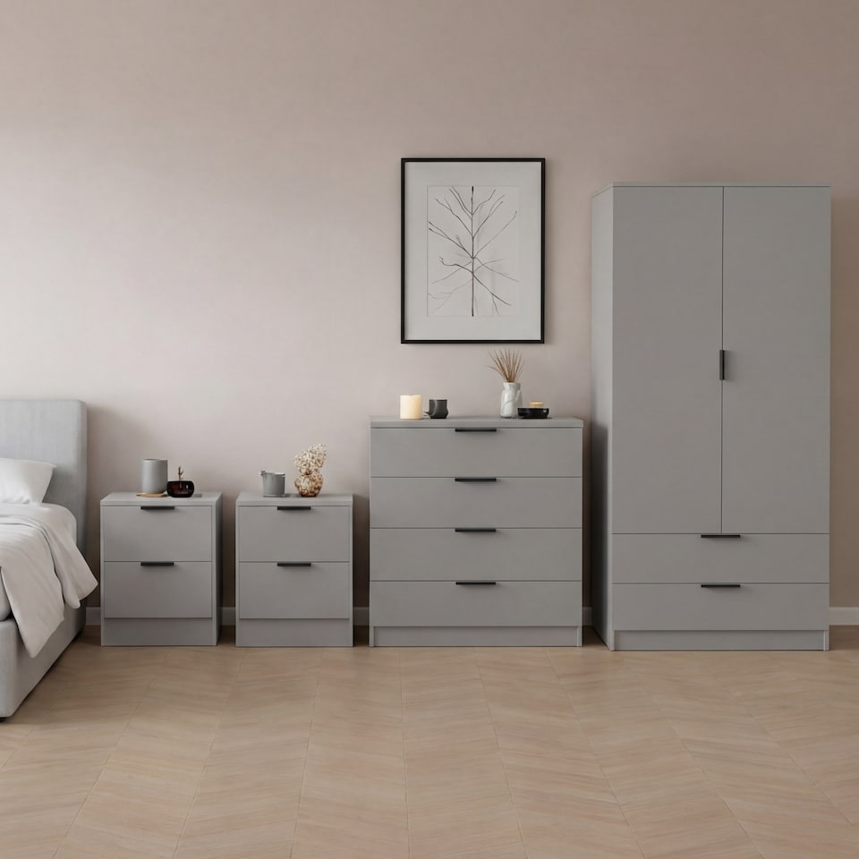Vida Designs Trega 4 Piece Bedroom Set (2 Drawer Bedside Chest x2, 4 Drawer Chest, 2 Door 2 Drawer Wardrobe) Grey