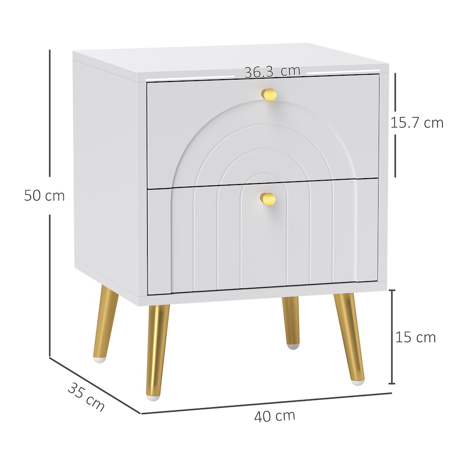 image 1 of HOMCOM Bedside Table Set of 2, Modern Bedside Cabinets with 2 Drawers and Steel Legs, Side Tables for Living Room, Bedroom, 40 x 35 x 50 cm, White