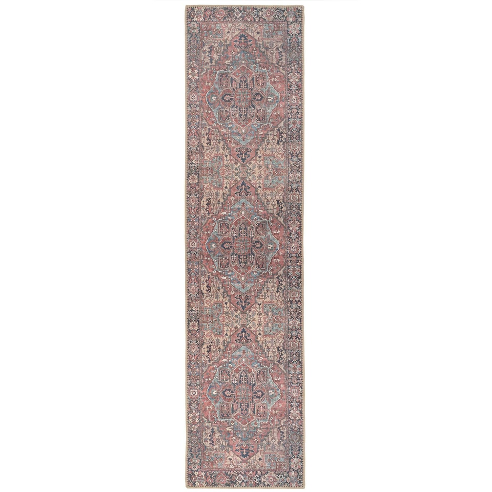 image 1 of KUKOON Red Distressed Persian Style Non Slip Washable Low Pile Runner Rug 80cm x 300cm Red