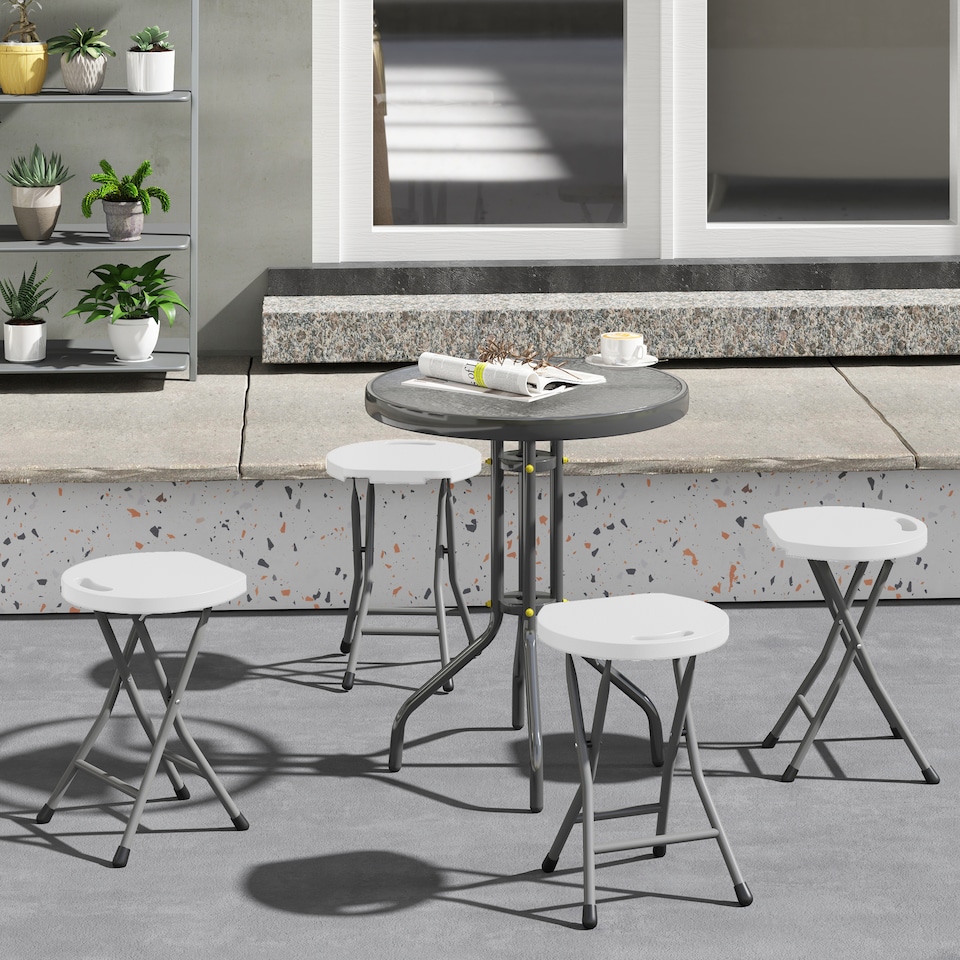 image 1 of Outsunny Folding Stool Set of 4, Decorative Garden Stool Chair with Safety Latch, Foldable Garden Stools with Powder-Coated Steel Legs HDPE Seat and Handle for Indoor and Outdoor, White | White | White