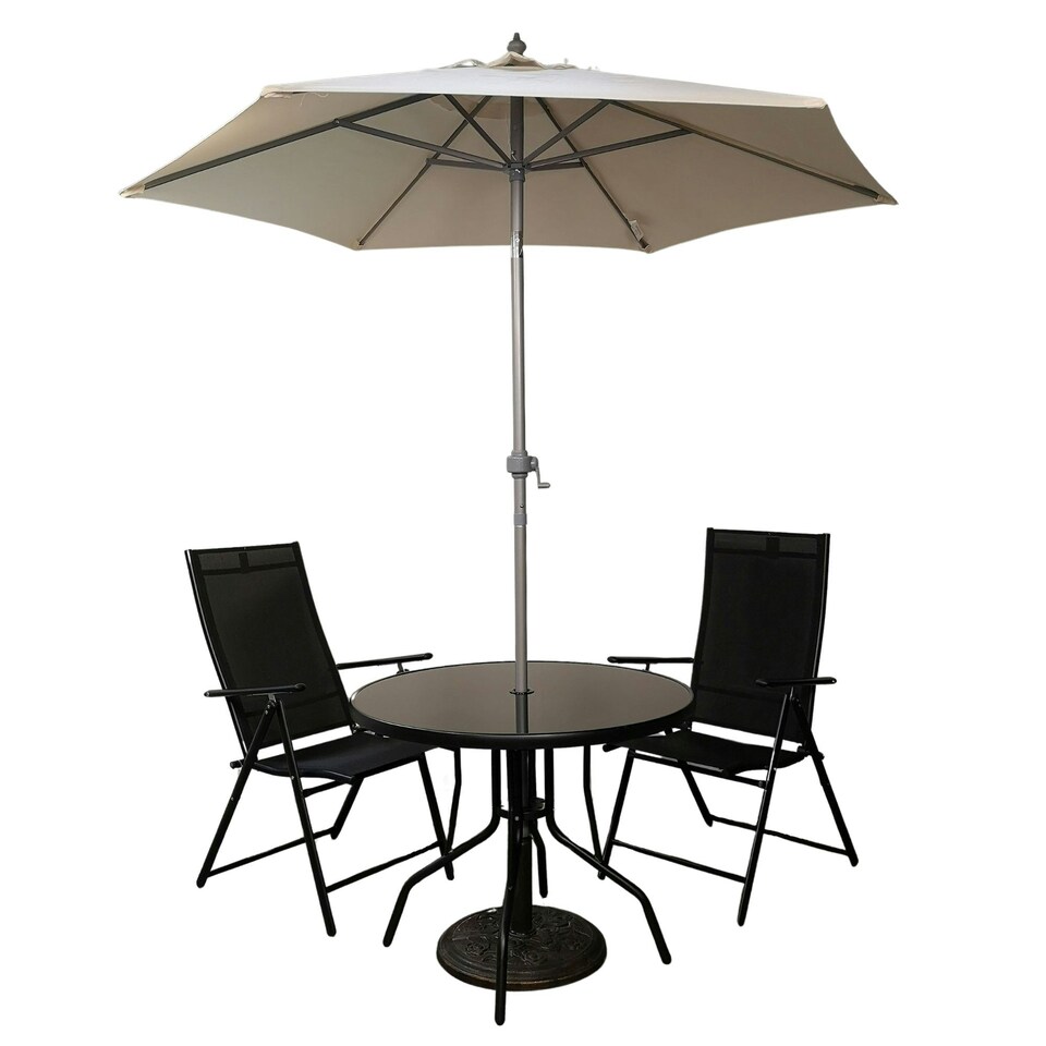 image 1 of Outdoor 2 Person Round Glass Top Garden Patio Dining Table Chairs Cream Parasol and Base Set