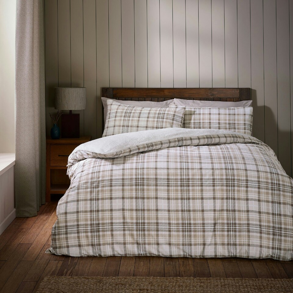 image 1 of Catherine Lansfield Cosy Sherpa Check Duvet Cover Set Natural Cream | Natural | Double