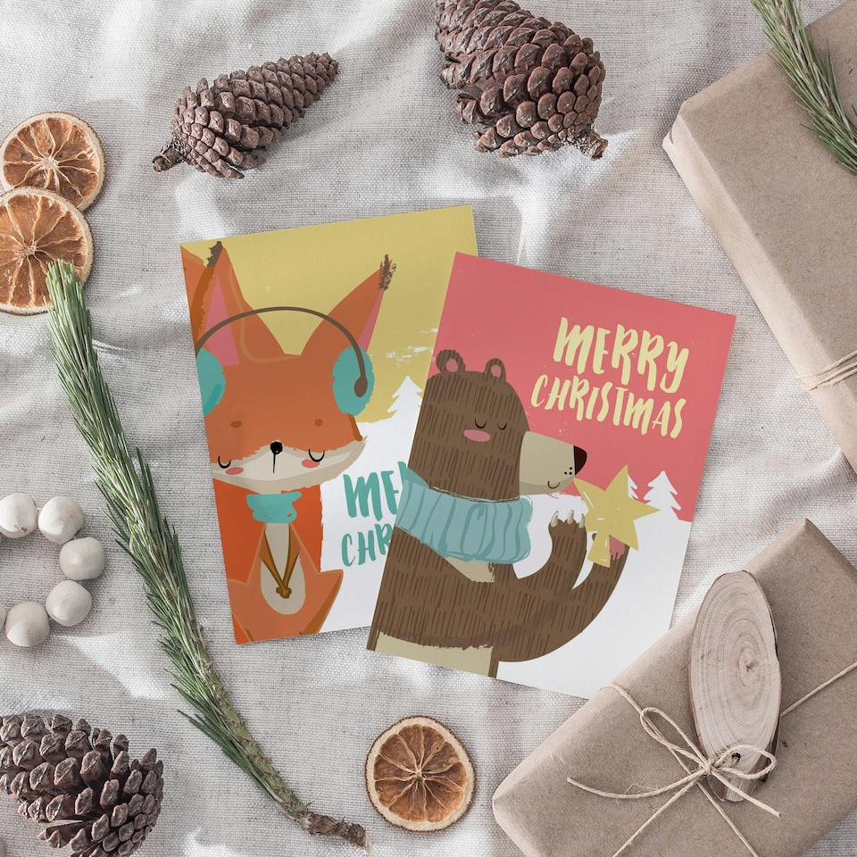 image 1 of Cute Animal Christmas Cards Set of 8 - A6 Size - Festive Fox Owl Bear Reindeer