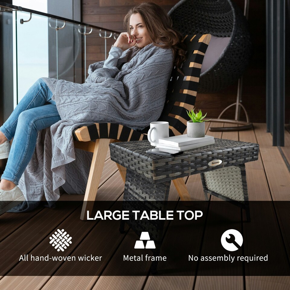 image 1 of Outsunny Foldable Outdoor Coffee Table, Steel Frame Rattan Side Table, Grey