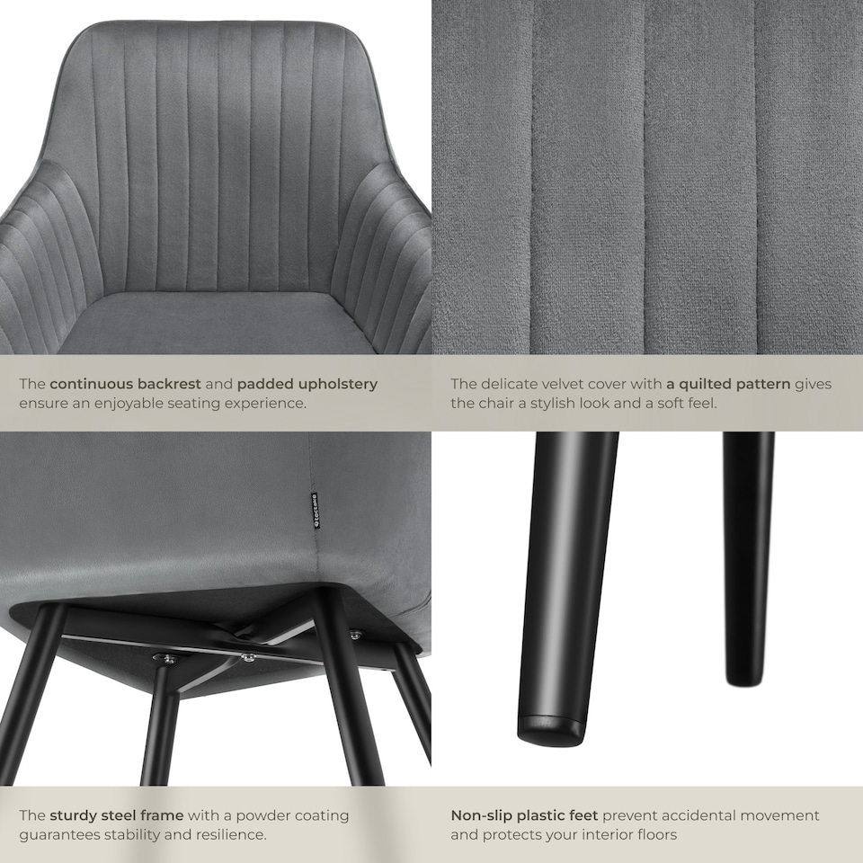 image 1 of Chair Marilyn - velvet look, quilted, continuous backrest, slim steel legs - per piece Grey | Grey/Black