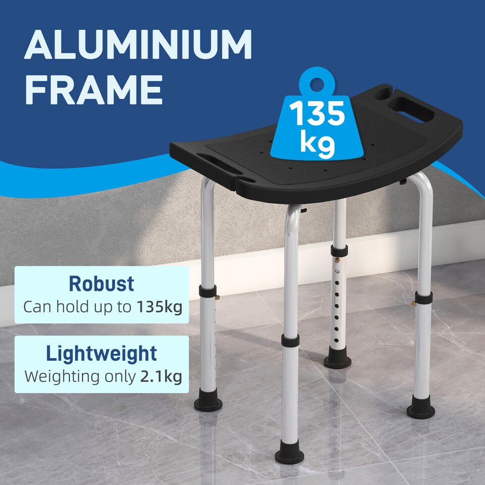 image 1 of HOMCOM Height Adjustable Shower Stool, Aluminium Shower Chair, Non-Slip Bath Stool for Elderly, Disabled, Seniors, Pregnant, Black