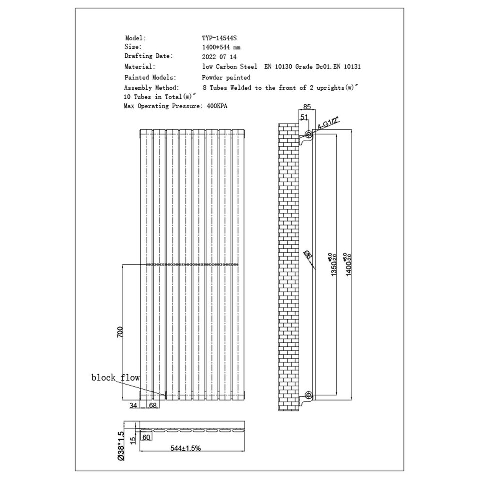 image 1 of Typhoon Axis Horizontal Single Panel Bathroom Radiator - Black (H) 544mm x (W) 1400mm