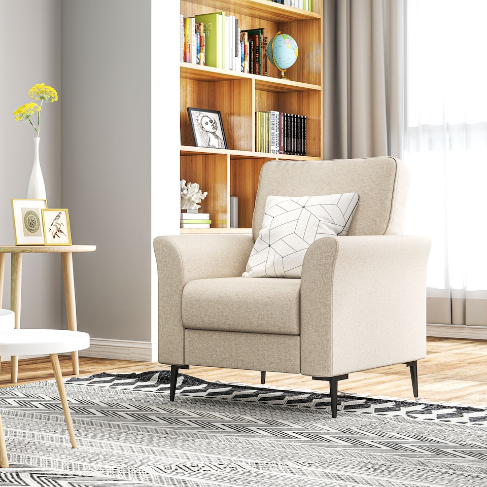 image 1 of HOMCOM Modern Armchair, Upholstered Linen Fabric Accent Chair with Metal Legs, Wood Frame and Thick Padded Cushion for Living Room Bedroom Office, Beige