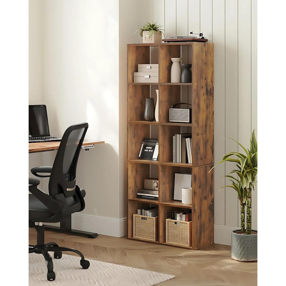 image 1 of 10-Tier Industrial Bookshelf Storage Rack, Large Capacity Shelving Unit, Rustic Brown