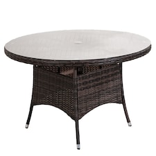 Direct Wicker Outdoor 4 Person Rattan Round Dining Table, Aluminum Frame with Tempered Glass Top, Umbrella Hole | Brown
