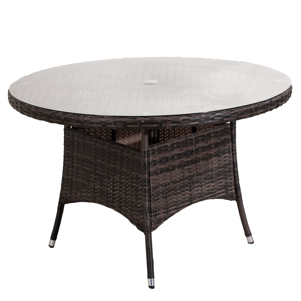 image 1 of Direct Wicker Outdoor 4 Person Rattan Round Dining Table, Aluminum Frame with Tempered Glass Top, Umbrella Hole | Brown