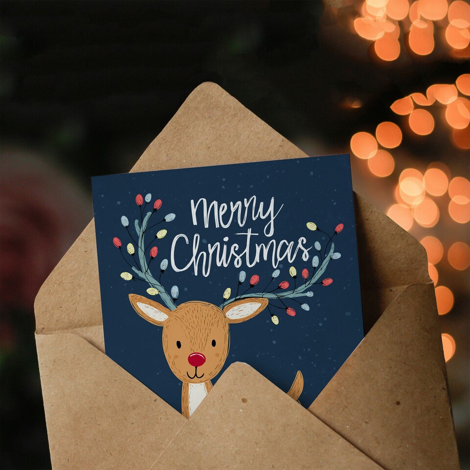 image 1 of Christmas Card Cute Reindeer Rudolph With Antler String Lights