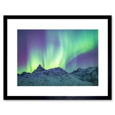Aurora Borealis Arctic Snowy Mountains Landscape 9x7" Black Framed Wall Art Print