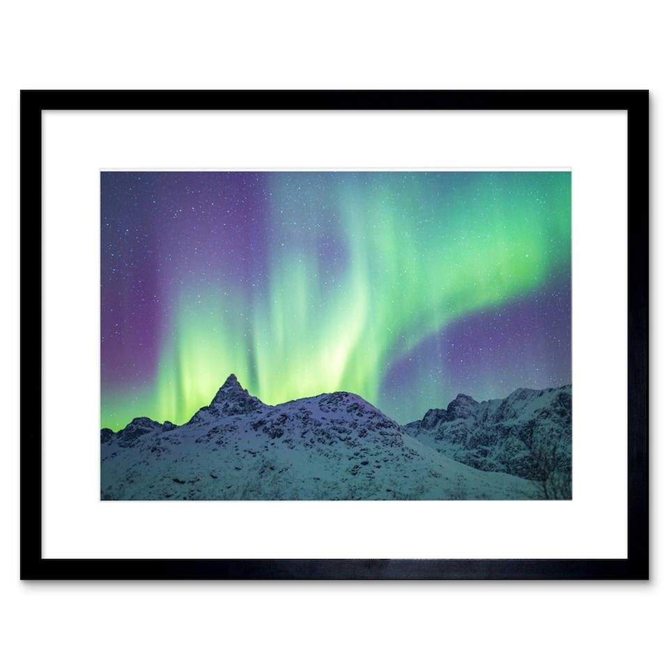 image 1 of Aurora Borealis Arctic Snowy Mountains Landscape 9x7" Black Framed Wall Art Print