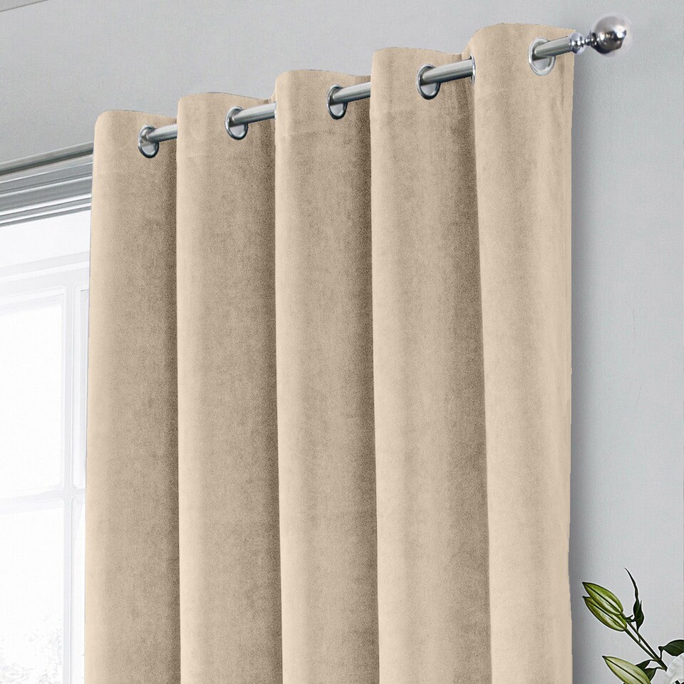 image 1 of Luxury Enhanced Living Cream Velvet, Supersoft, 100% Blackout, Thermal Pair of Curtains with Eyelet Top - 90 x 90 inch (229x229cm)