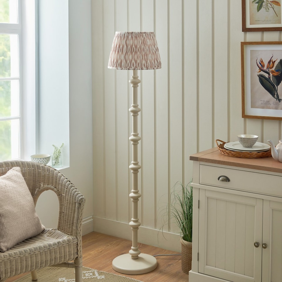 image 1 of Carnaby Satin Almond White Paint Floor Lamp with Neutral Print Fabric Ikat Shade 35cm B22