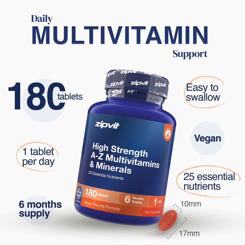 image 1 of Zipvit A-Z Multivitamin, Immune, Energy & Bone Support, 25 Essential Nutrients, 180 Vegan Tablets, 6-Month Supply