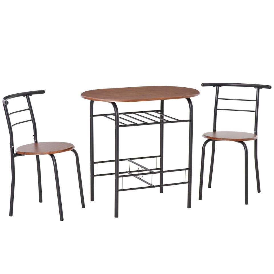 image 1 of HOMCOM Dining Table and Chairs Set 3, Breakfast Bar Table and 2 Chairs with Storage Shelf, Wood-Effect Tabletop, Metal Frame, Dining Room Set for Living Room, Small Space, Natural