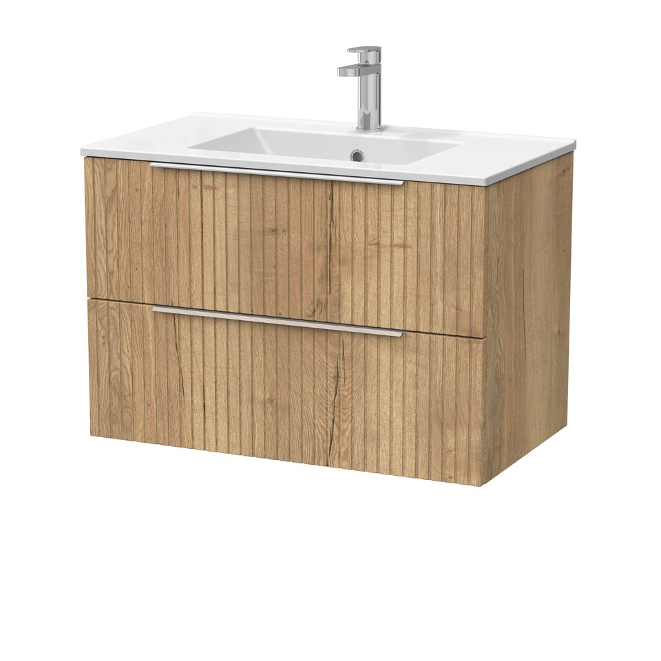 image 1 of Balterley Callingwood Contemporary Wall Hung 2 Drawer Vanity Unit with Minimalist Ceramic Basin , 800mm, Autumn Oak