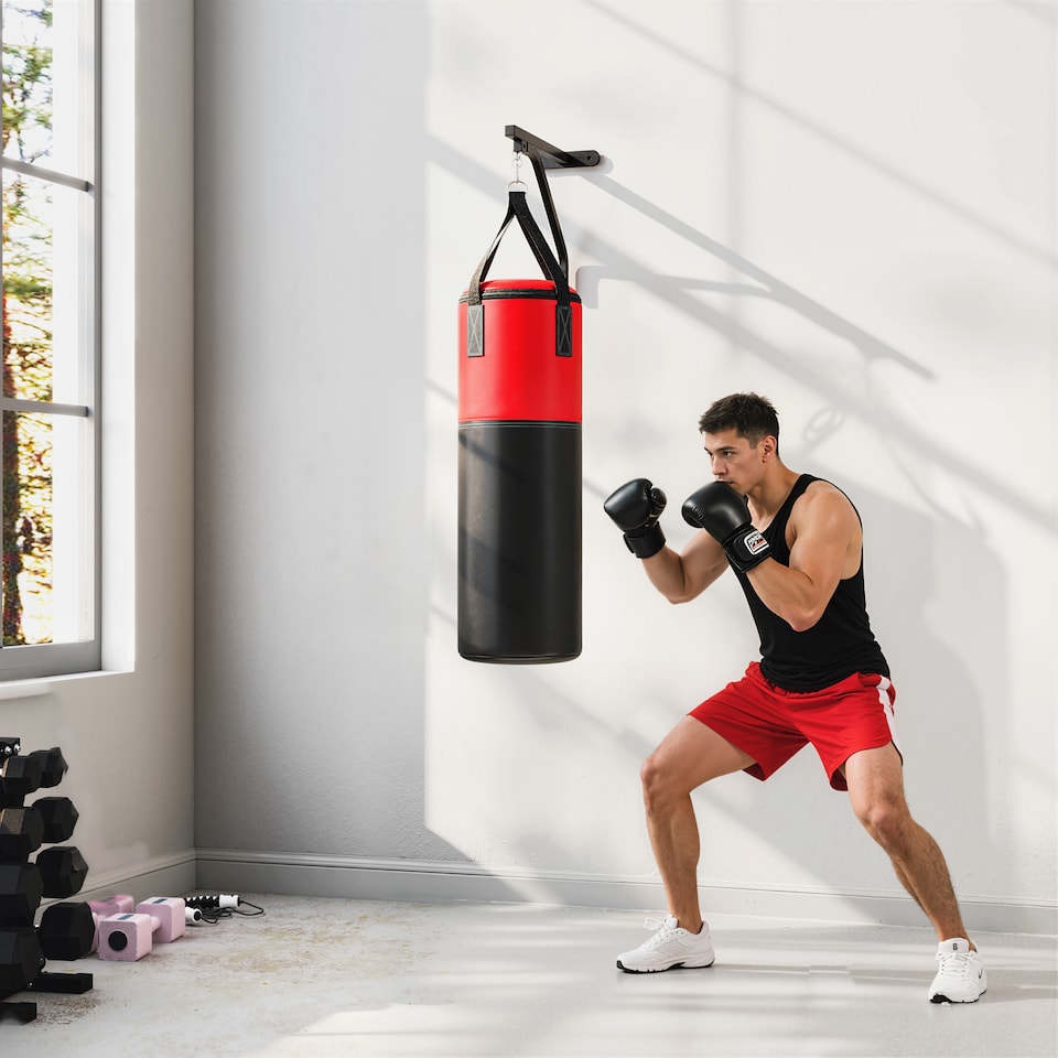 image 1 of SPORTNOW Unfilled Punch Bag with Boxing Gloves and Wall Mounted Bracket | Red | Black and Red