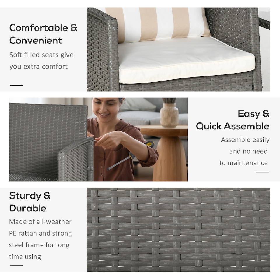 image 1 of Outsunny 3 Pieces Rattan Bistro Set, Wicker Garden Furniture Set, Glass Top 2 tier Coffee Table and Chairs Set with Pillows and Washable Cushions for Outdoor, Patio, Balcony, Light Grey