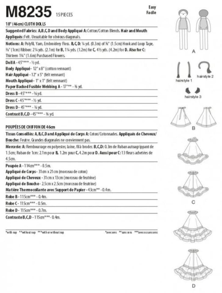 image 1 of McCall's 8235 Toys And Paper Sewing Pattern – Doll Clothes, Os (One Size), Easy