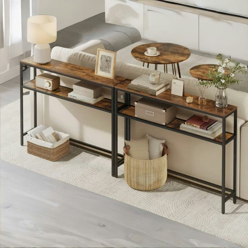 image 1 of Industrial Slim Hallway Console Table With 2 Shelves Rustic Brown Brown