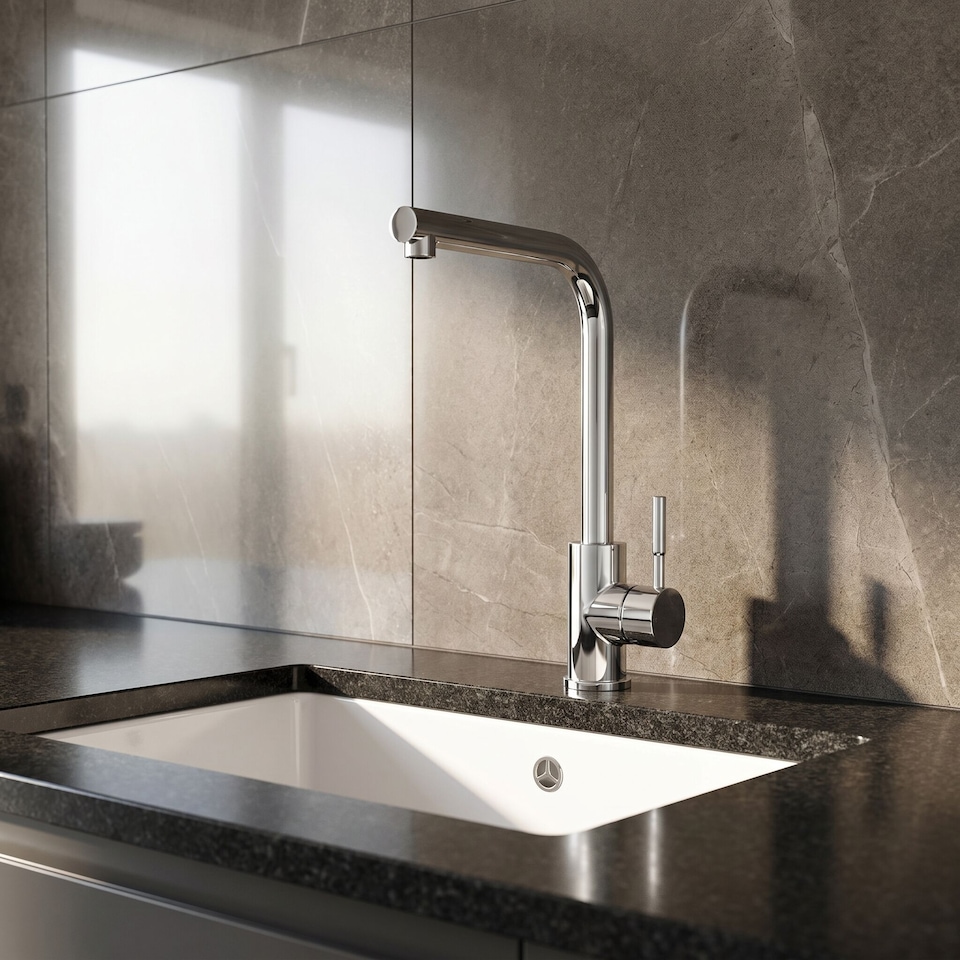 image 1 of Balterley Modern L-Neck Single Lever Kitchen Sink Mixer Tap - Top Fix Installation | Silver | Chrome | 1