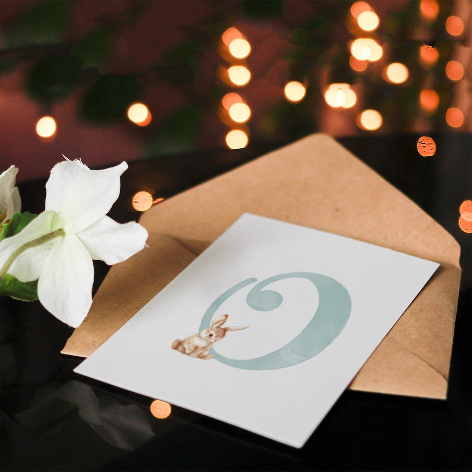 image 1 of Greeting Card Bunny Rabbit Alphabet Letter O New Baby 1st Birthday