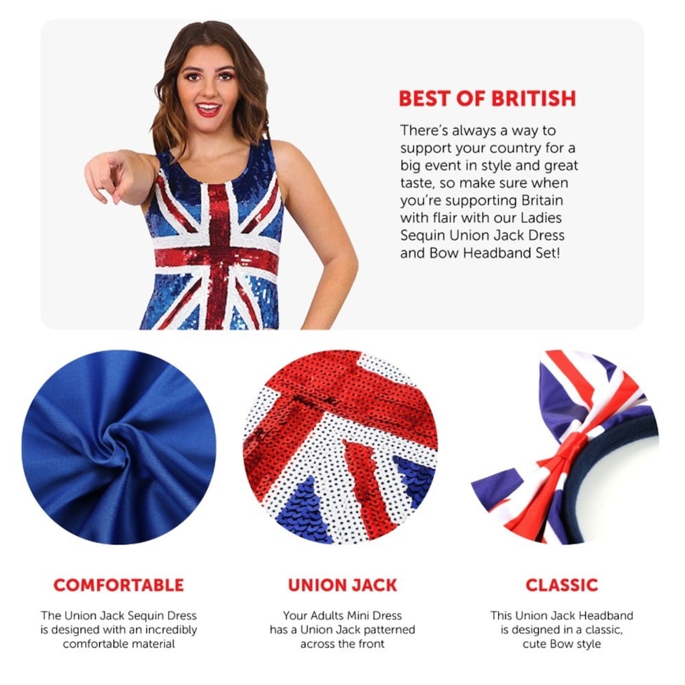 image 1 of Union Jack Sequin Dress & Bow Headband | Blue | S