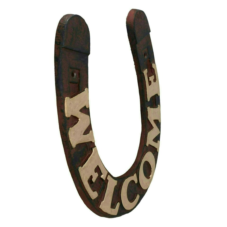 image 1 of Horse Shoe Welcome Cast Iron Sign Plaque Wall Gate House Stable Farm Yard