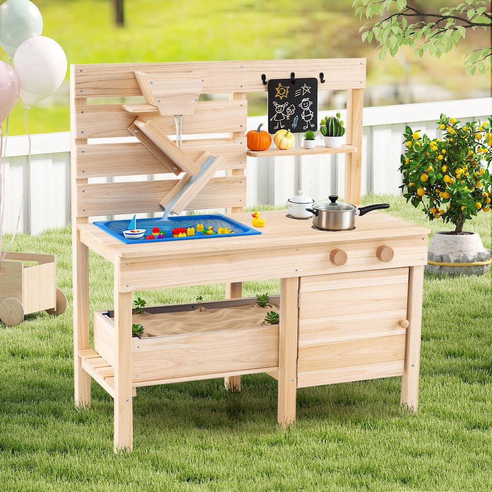 image 1 of COSTWAY Mud Kitchen Kids Outdoor Play Kitchen with Detachable Sandbox-Natural