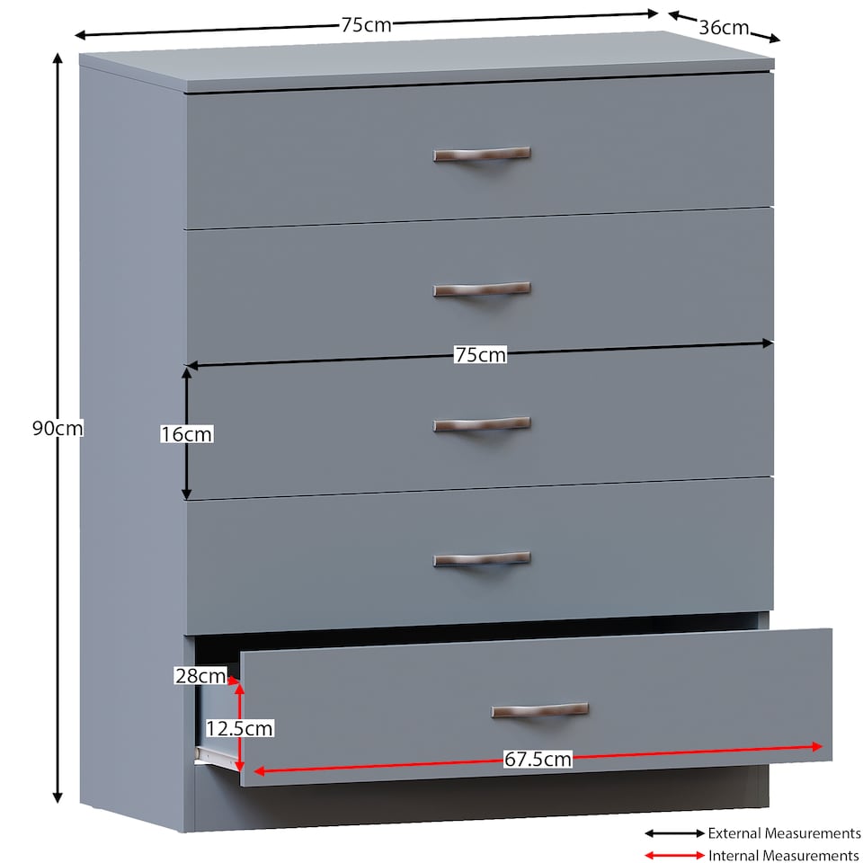 image 1 of Vida Designs Riano 5 Drawer Chest of Drawers Bedroom Storage, Grey