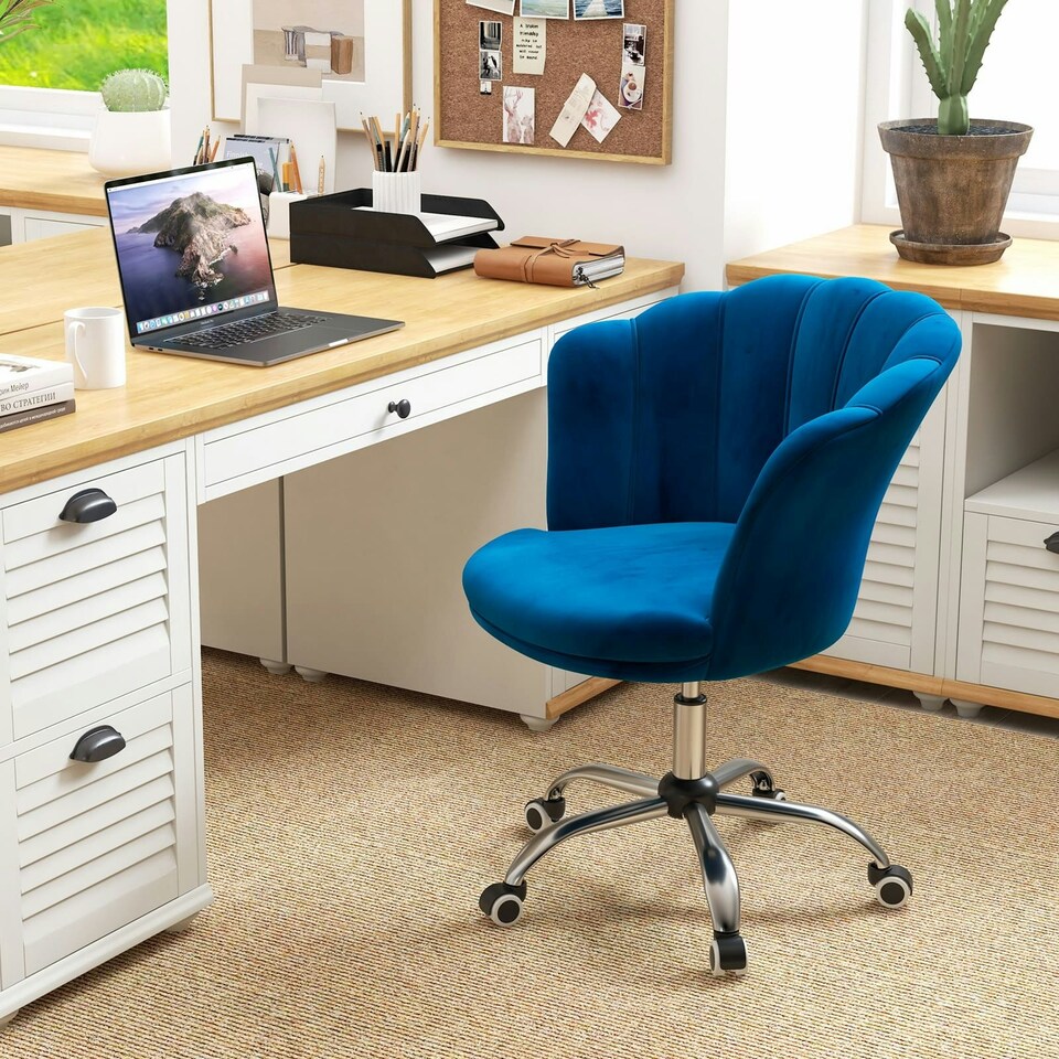 image 1 of COSTWAY Adjustable Upholstered Velvet Armchair w/Wheels Blue Blue