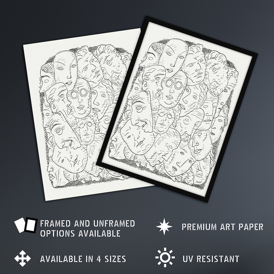 image 1 of Maskers Masks Black And White Drawing Gestel Wall Art Poster Print