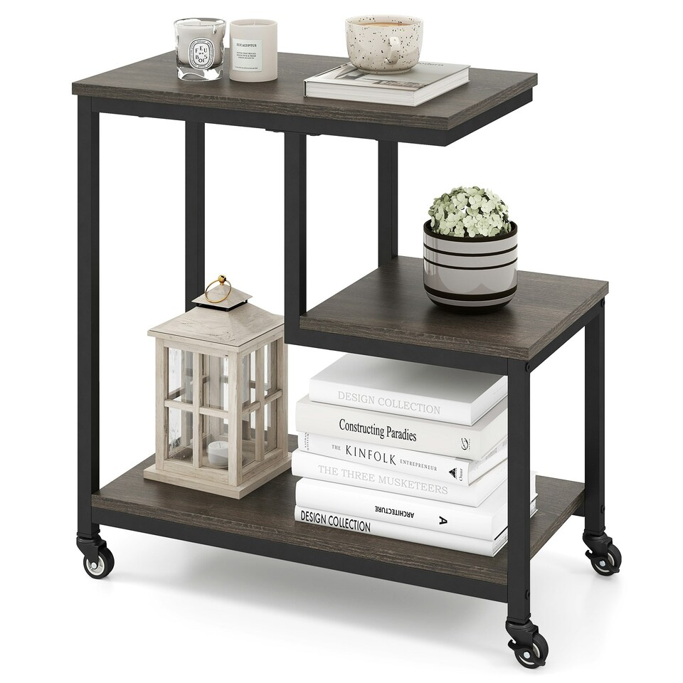 image 1 of COSTWAY G-shaped Side Table 3-Tier Mobile End Table Grey