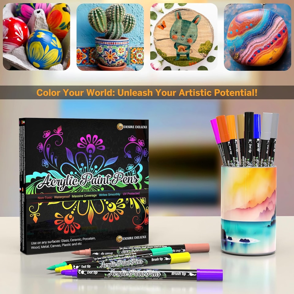 image 1 of Desire Deluxe Acrylic Paint Pens for Rock Painting, Stone, Ceramic, Glass, Wood, Canvas – Set of 12 Non Toxic Water Based Markers - Great Artists Painting Supplies