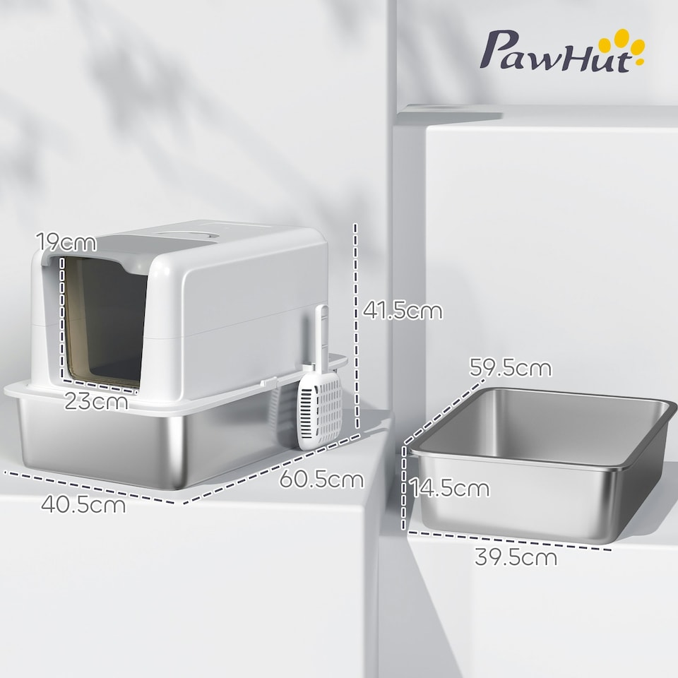 image 1 of PawHut Stainless Steel Cat Litter Box with Removable Lid, Scoop | White | One Size