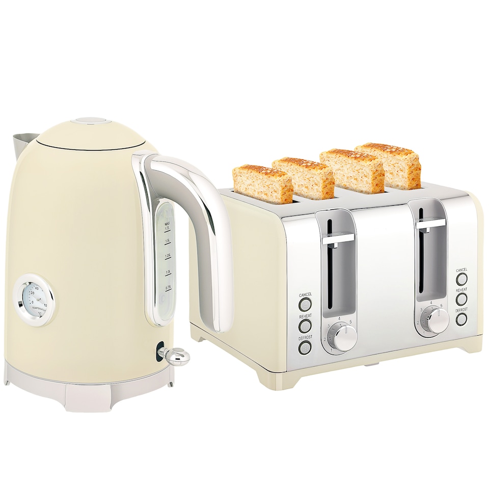 image 1 of HOMCOM Retro Kettle and Toaster Set with Temperature Gauge, 1.7L 3000W Rapid Boil Jug Kettle with Otter Thermostat, Limescale Filter, 4 Slice Toaster with 7 Browning Controls, Crumb Tray, Cream | Cream