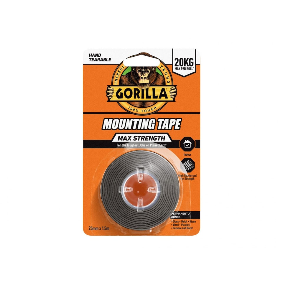 Gorilla Glue Max Strength Indoor Mounting Tape 25mm X 1.5m Black | Multi | Multi Colour | One Size | 1