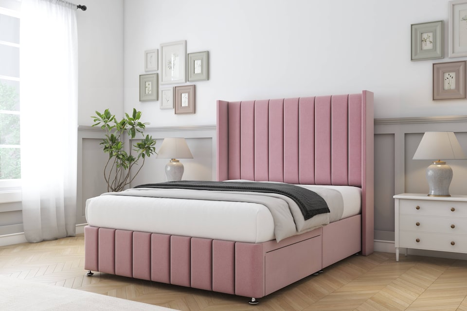image 1 of Sloomy Melbourne Pink Plush Divan Bed Base 2 Drawers Foot-End With 54 Inch Wingback Headboard & 12 Inch Matching Footboard | Pink | Pink | Super King | 1