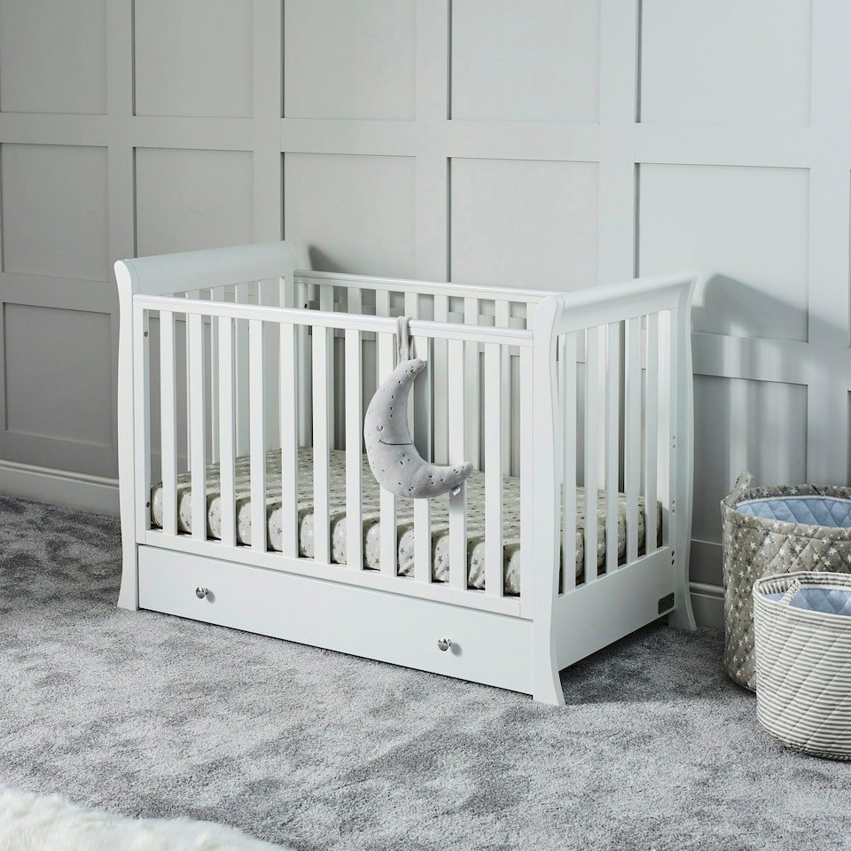 image 1 of Snowdon Mini Cot Bed, Premium Sprung Mattress & Underdrawer – Sleigh Style, Convertible Baby Cot to Toddler Bed, Adjustable Base (White)