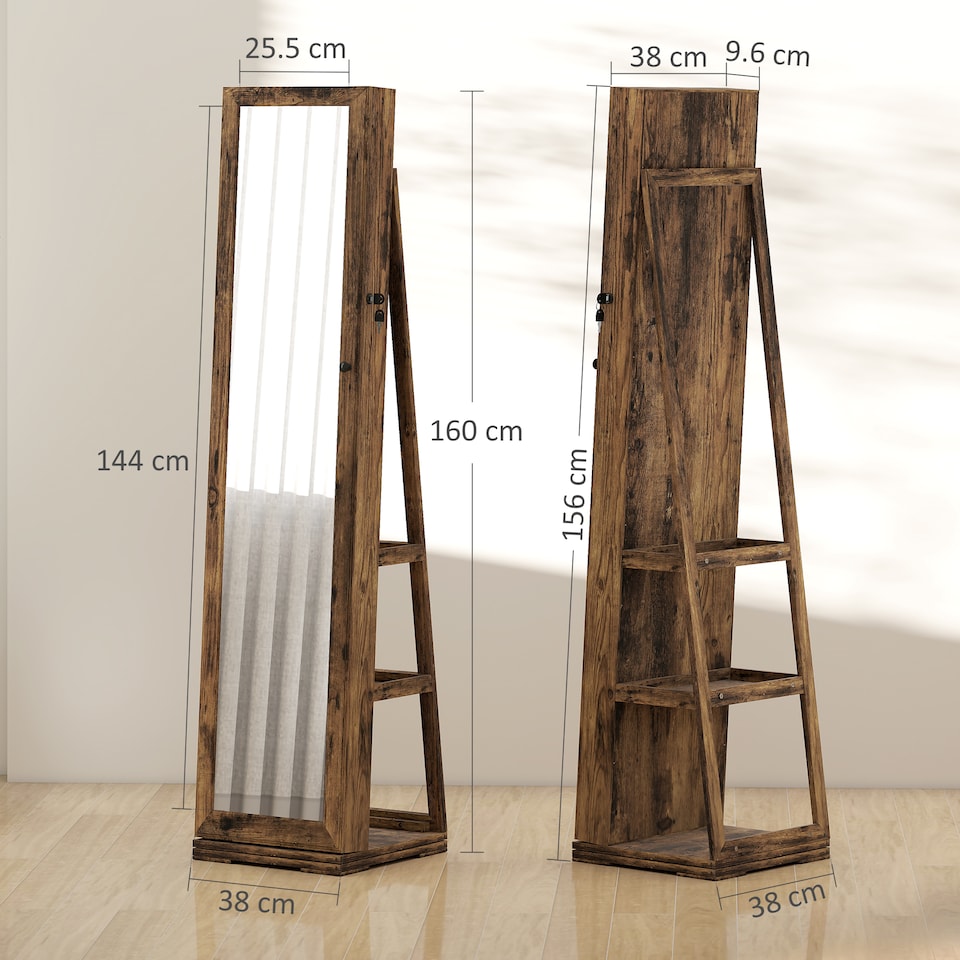 image 1 of HOMCOM 360  Swivel Jewellery Cabinet, Free Standing Full Length Mirror with Storage, Lockable Jewellery Organiser with Built-in Makeup Mirror and Storage Shelves for Bedroom, Rustic Brown | Brown | Rustic Brown