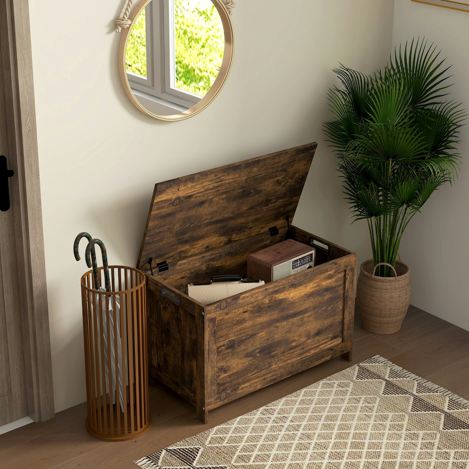 image 1 of HOMCOM Storage Chest with 2 Safety Hinges, Storage Bench, Rustic Brown Brown
